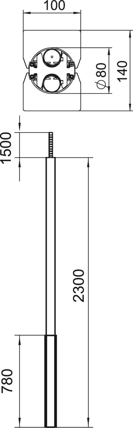 Diagram cylindrycznego obiektu z wymiarami: wysokość 2300 mm, średnica 140 mm. Widok przekroju u góry, oznaczenia długości.
