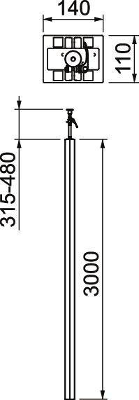 Rysunek przedstawia techniczną ilustrację systemu prysznicowego z następującymi wymiarami: średnica drążka prysznicowego 140 mm x 110 mm, regulacja wysokości 315-480 mm, całkowita wysokość 3000 mm.