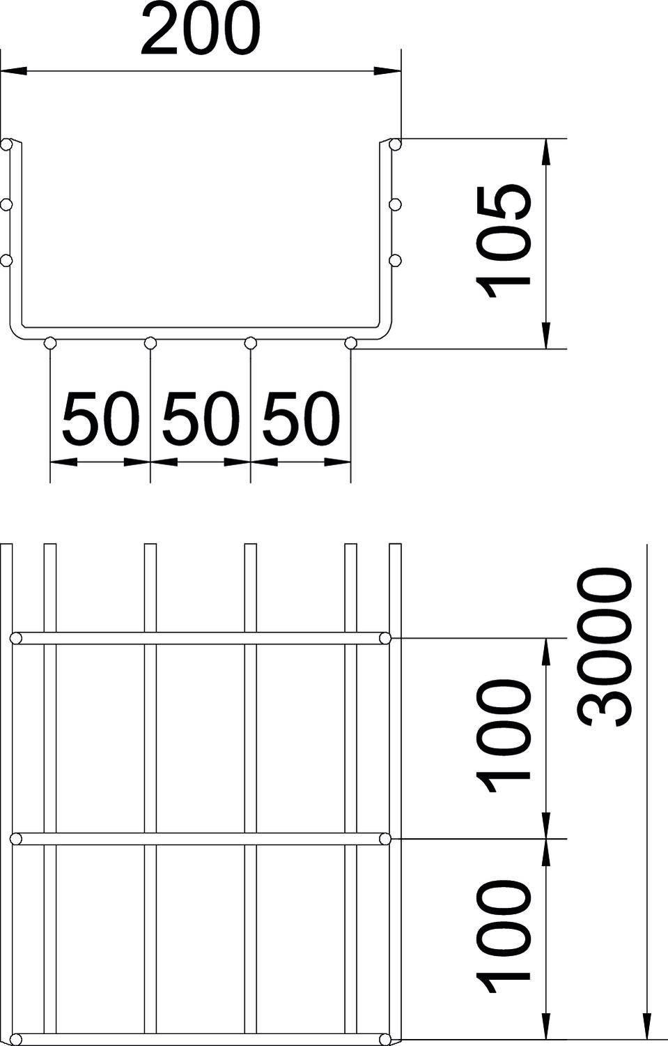 Rysunek techniczny metalowej kraty o wymiarach: 200 mm szerokości, 105 mm wysokości, 50 mm odległości między poprzeczkami, 3000 mm wysokości elementów pionowych.