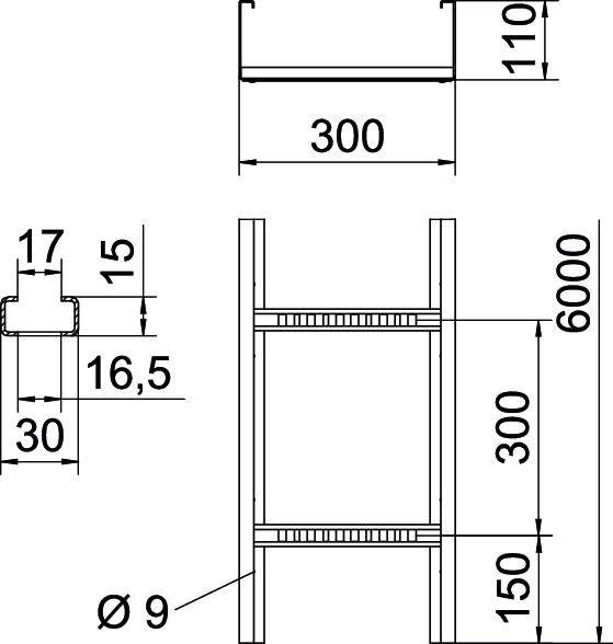 Rysunek techniczny regału z wymiarami: Wysokość 6000 mm, szerokość 300 mm, głębokość 110 mm. Wysokości półek 300 mm i 150 mm.