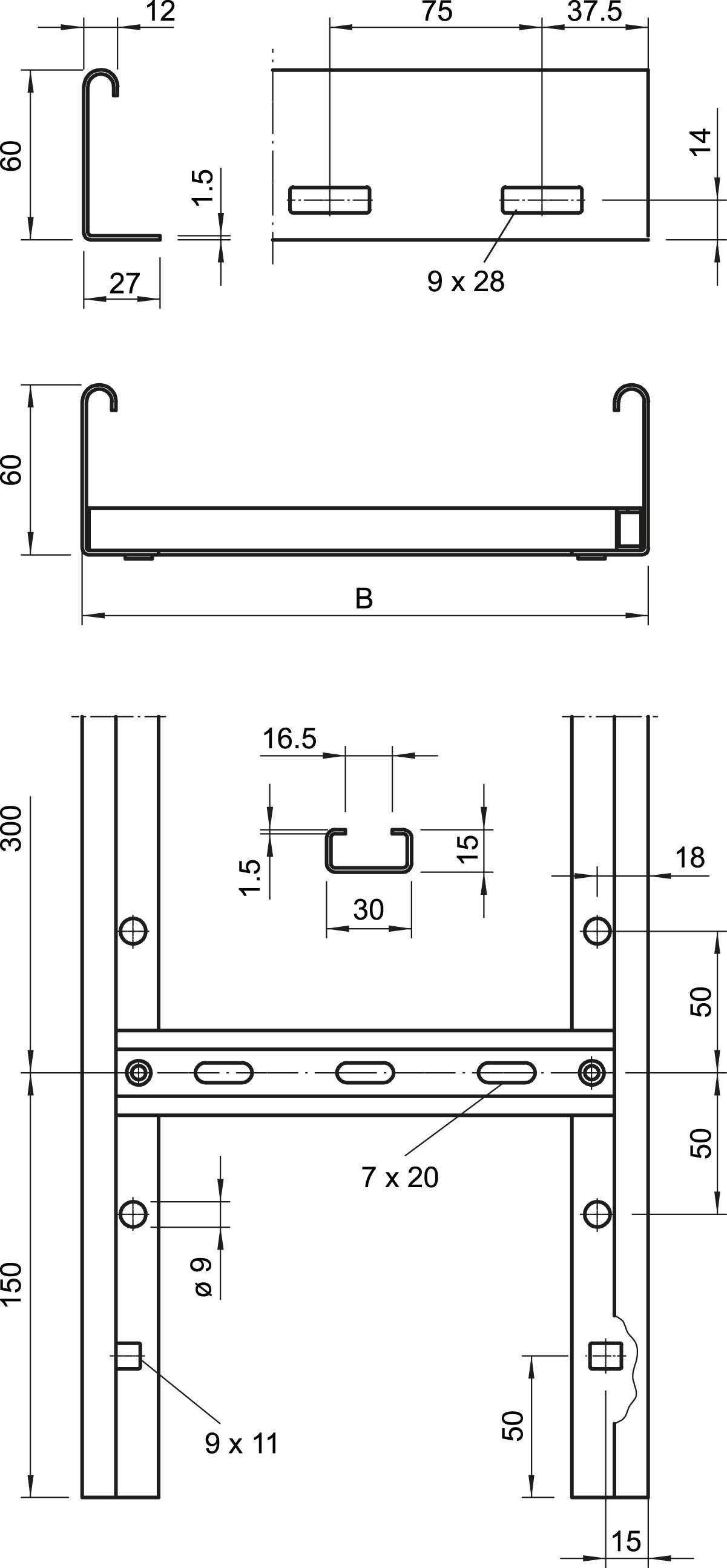 Rysunek techniczny regału metalowego z wymiarami i szczegółami otworów montażowych do instrukcji montażu. Wymiary podane w milimetrach.