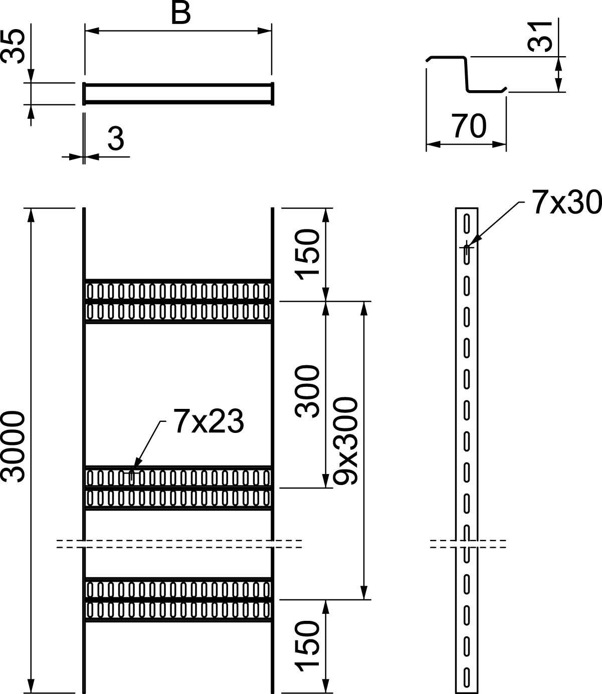 Rysunek techniczny elementu regału z wymiarami: wysokość 3000 mm, szerokość 150 mm. Szczegóły takie jak szczeliny 7x23 i 7x30 mm. Widok z boku przedstawia detale krawędzi.