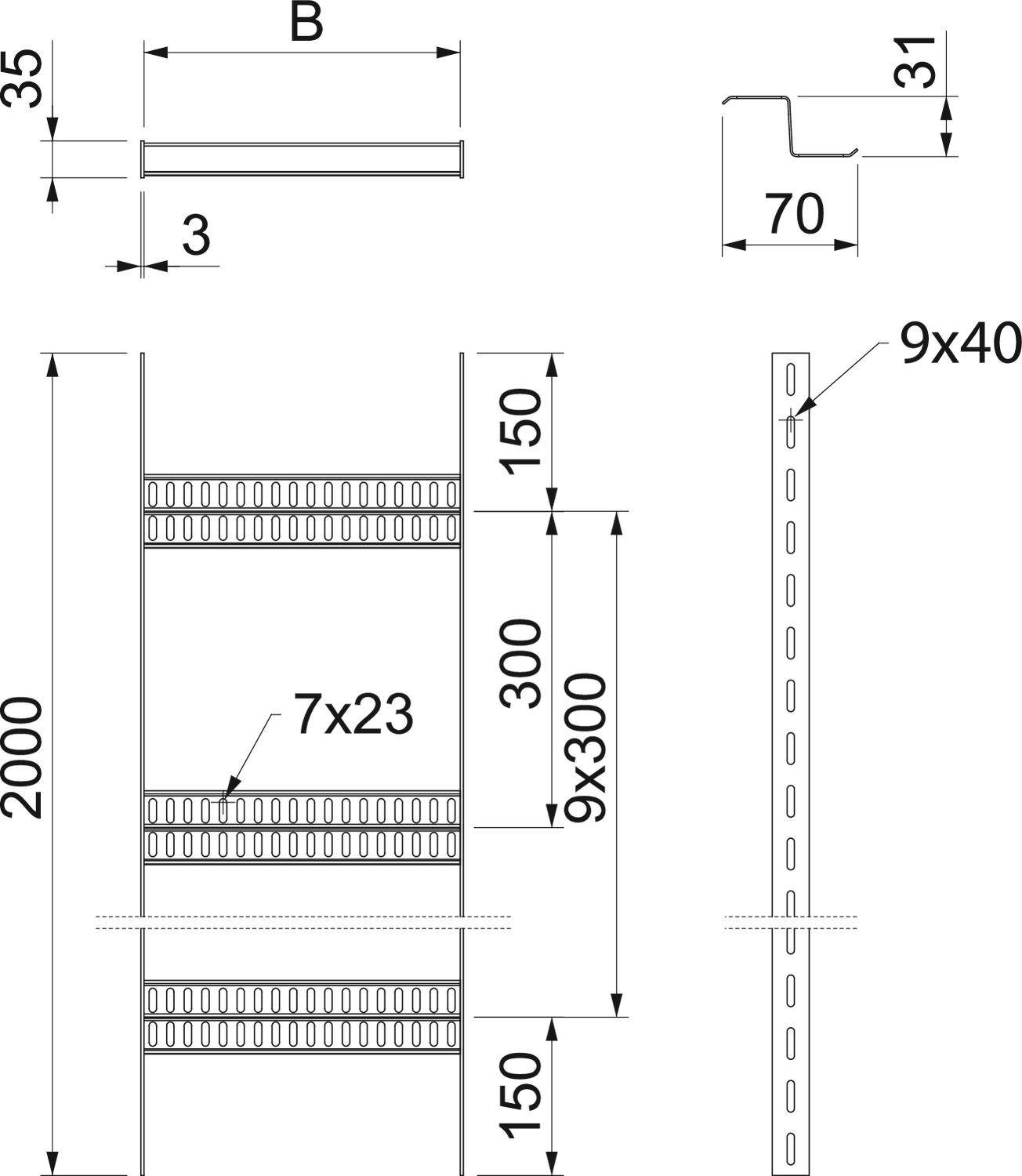 Rysunek techniczny regału metalowego z wymiarami: wysokość 2000 mm, szerokość B, głębokość 35 mm; przedstawiający otwory i profile.