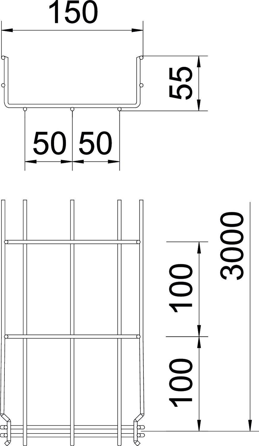 Rysunek techniczny profilu metalowego o wymiarach: 150 mm szerokości, 55 mm wysokości, oraz struktura kratowa 3000 mm wysoka z odstępem 100 mm.