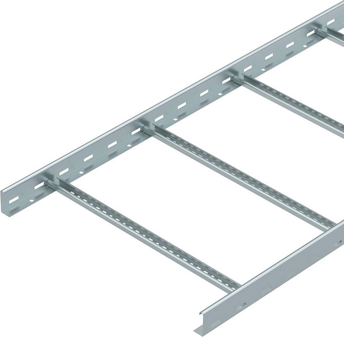 Metalowa korytka kablowa z otworami wentylacyjnymi po bokach, wyposażona w cztery poprzeczne wsporniki. Odpowiednia do zarządzania kablami w środowiskach technicznych.