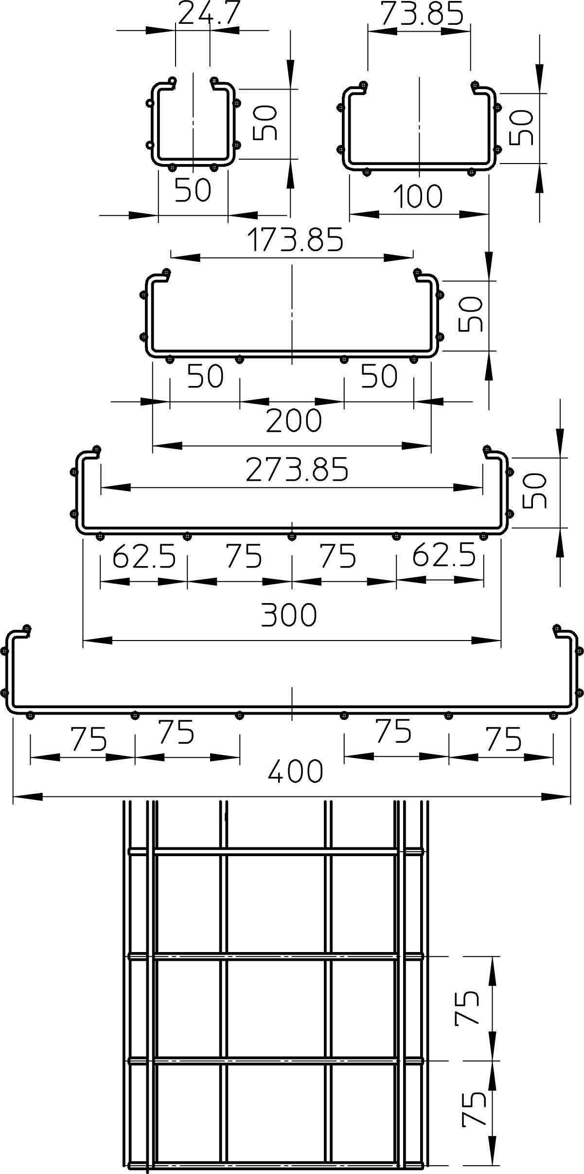 Diagram przedstawia różne profile skrzynkowe z wymiarami: 24,7x50, 73,85x50, 173,85x50, 200x100, 300x75 oraz 400x75 mm, ułożone jeden na drugim.