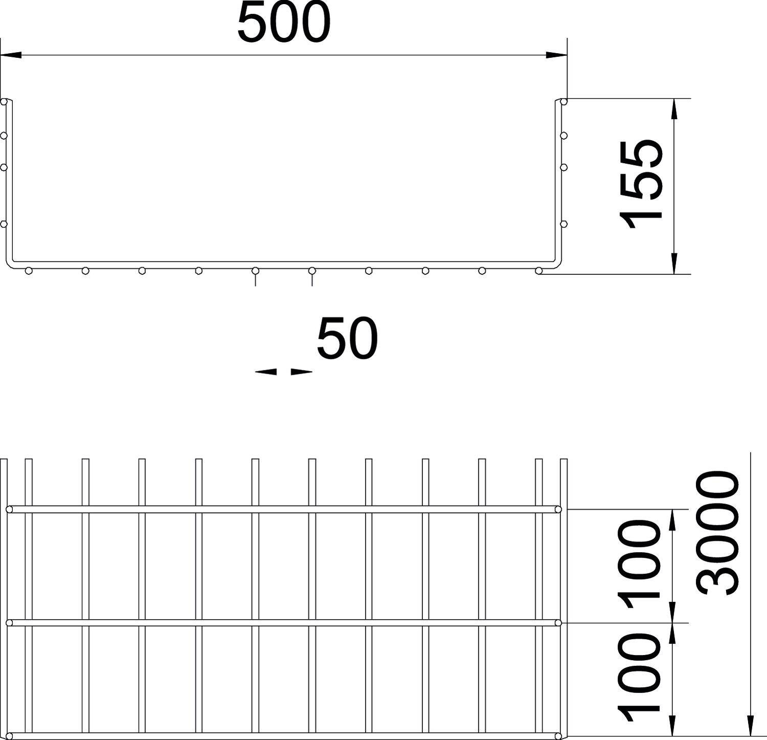 Rysunek techniczny kanału w kształcie litery U. Wymiary: długość 500, wysokość 155, szerokość 50. Widok z przodu przedstawia poprzeczki co 100 na długości 3000.