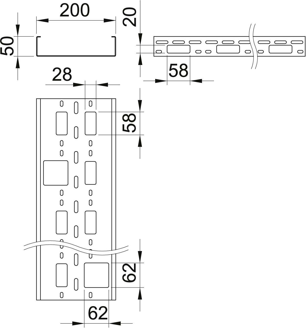 Rysunek techniczny profilu metalowego z wymiarami: szerokość 200 mm, różnica wysokości 20 mm, otwory w różnych odległościach.