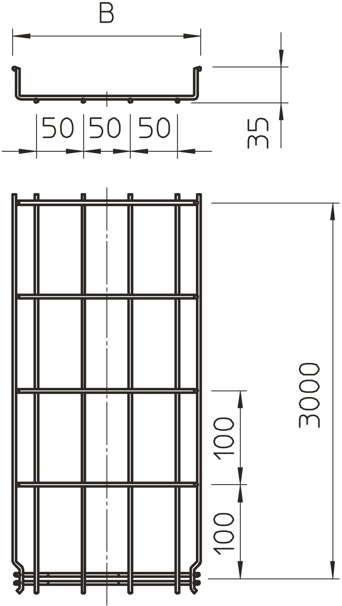 Rysunek techniczny elementu ogrodzenia o wymiarach: szerokość 'B', wysokość 3000 mm, wysokość sekcji 35 mm, rozstaw drutu podłużnego 100 mm, drut poprzeczny 50 mm.