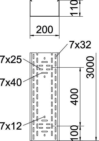 Rysunek techniczny profilu metalowego z wymiarami: szerokość 200 mm, wysokość 3000 mm. Rozmiary i rozstaw otworów: 7x12, 7x25, 7x32, 7x40.