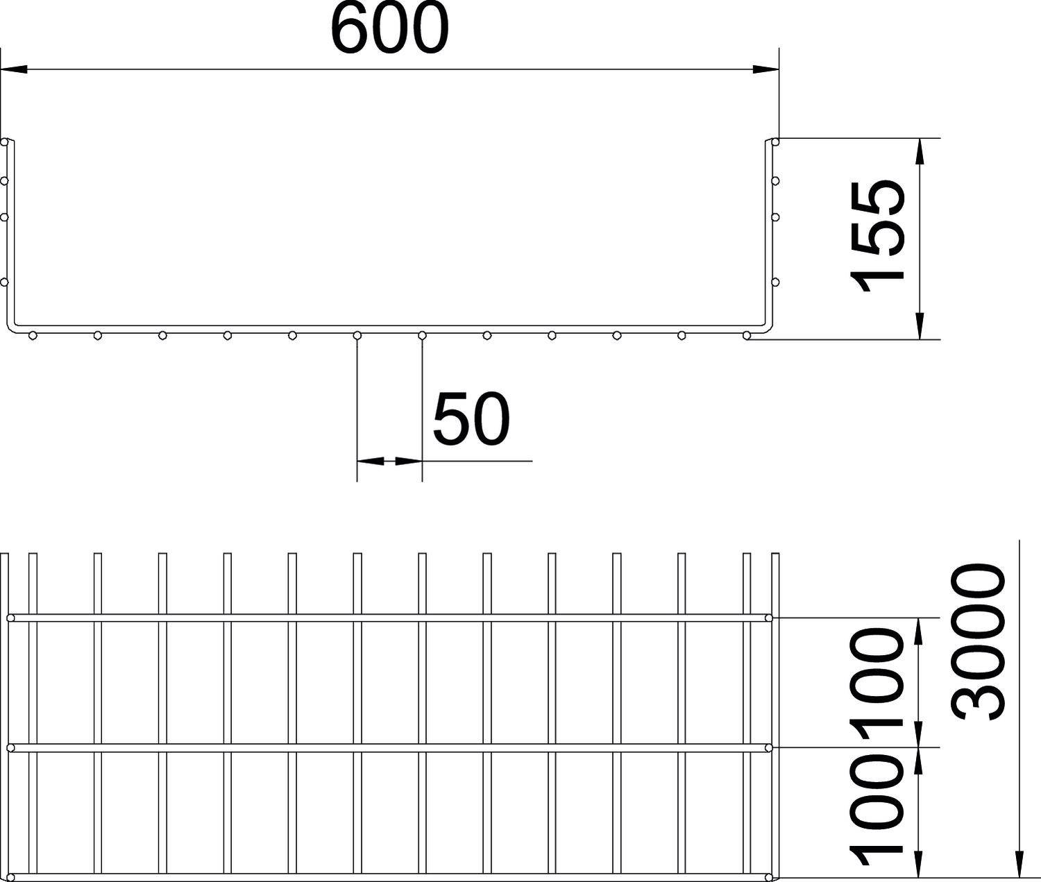 Rysunek techniczny kraty metalowej. Góra: widok profilu z wymiarami 600 x 155 mm. Dół: widok frontalny z kratami w odstępach 100 mm.