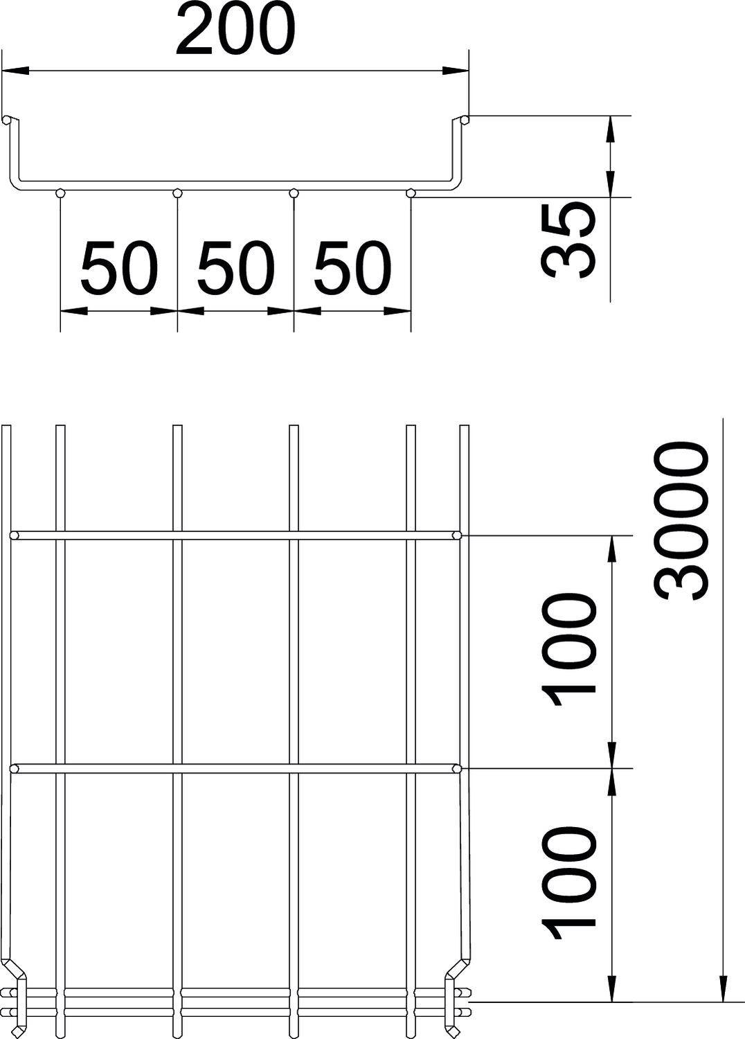 Rysunek siatki metalowej z wymiarami: góra 200x35, dolne sekcje 50x50, wysokość 3000, odstępy pionowe 100, belka pozioma 100.