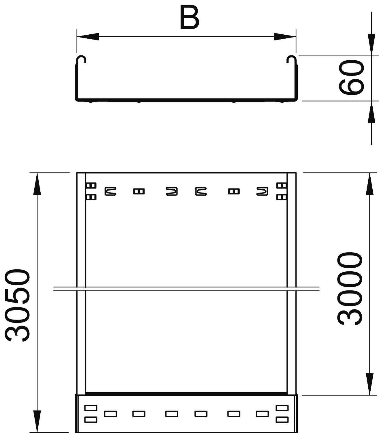 Rysunek techniczny prostokątnego obiektu o następujących wymiarach:<br>B: szerokość, wysokość 60 mm, długość 3050 mm i 3000 mm.