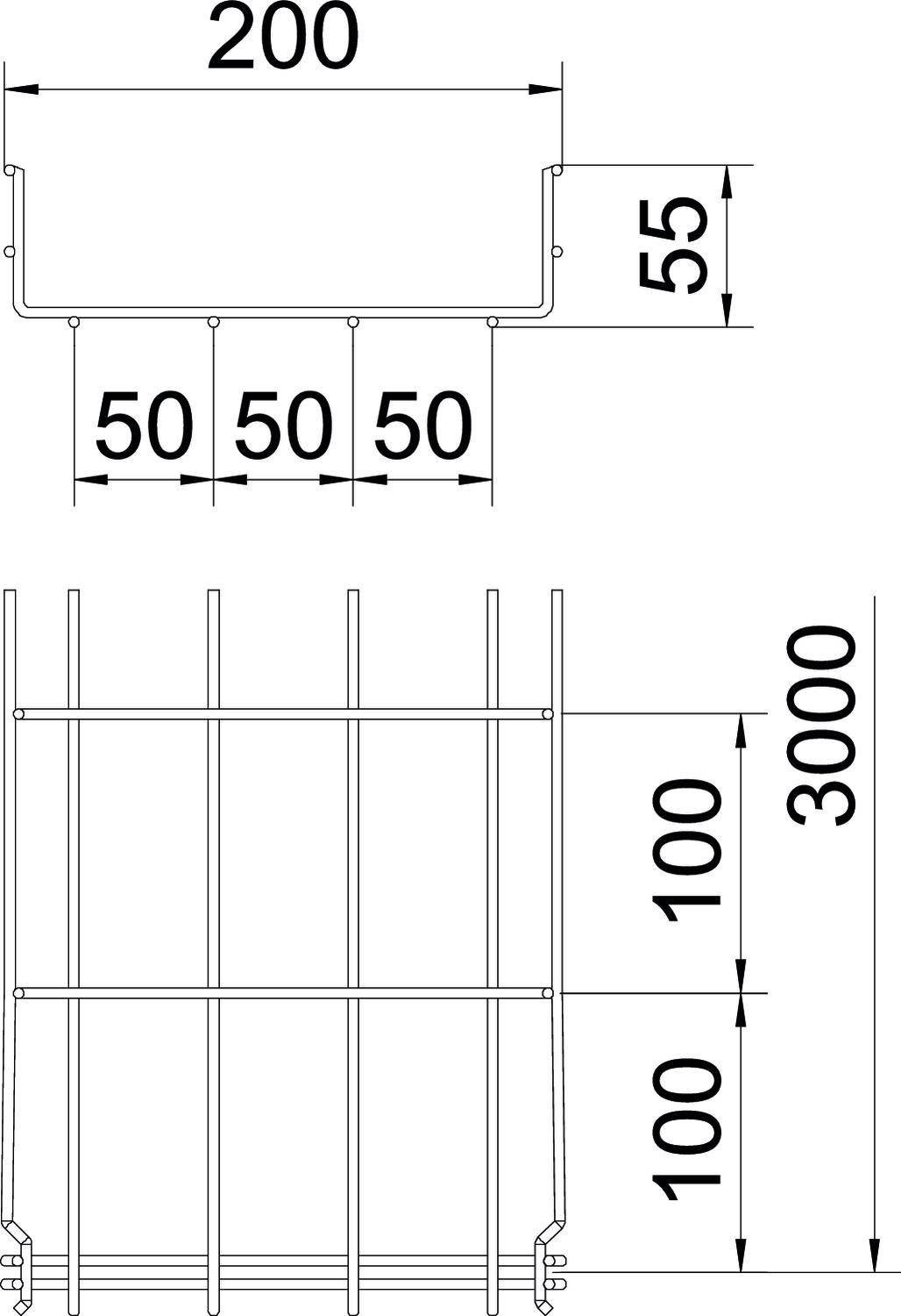 Diagram siatki metalowej konstrukcji z wymiarami: szerokość 200 mm u góry, wysokość 3000 mm z boku oraz słupkami pionowymi w odstępach 100 mm.