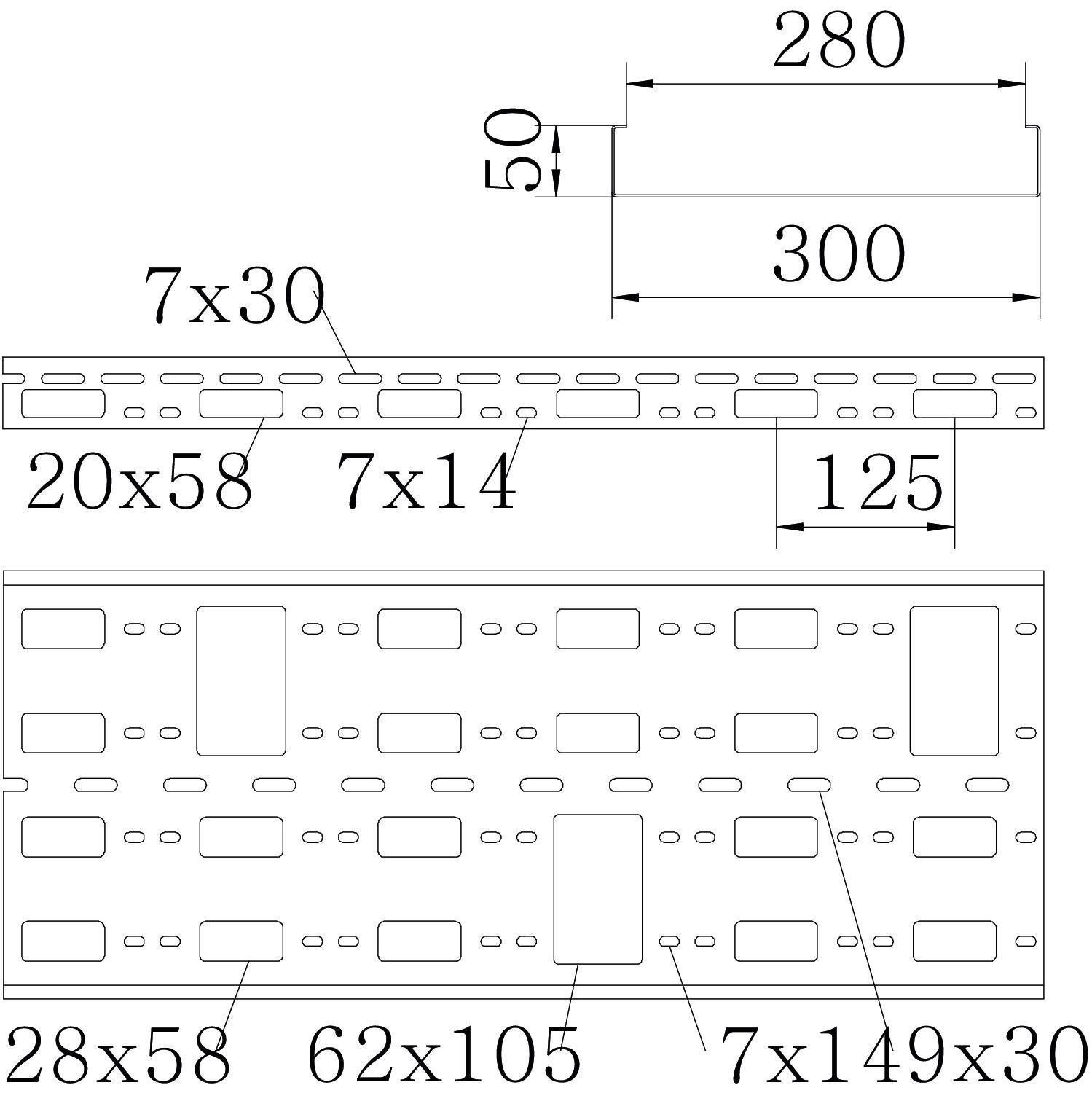 Rysunek techniczny przedstawia wymiary metalowej płyty z prostokątnymi wgłębieniami i otworami: 280x50 mm, dalsze szczegóły wymiaru.