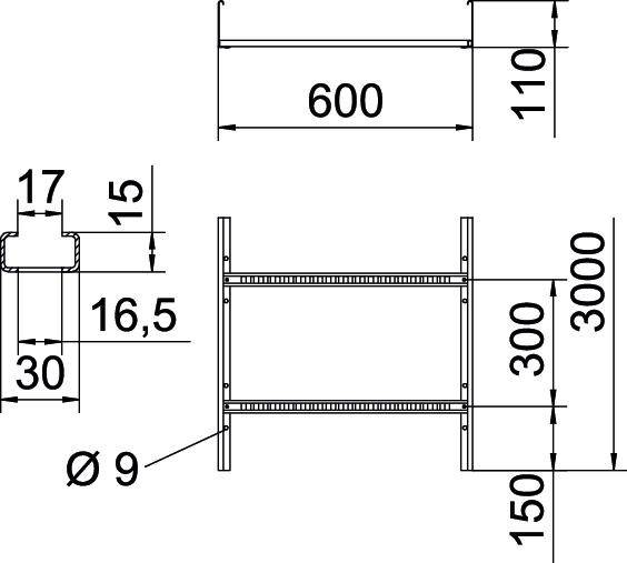 Rysunek techniczny regału z wymiarami: szerokość 600 mm, wysokość całkowita 3000 mm, trzy półki o wysokości 300 mm każda.
