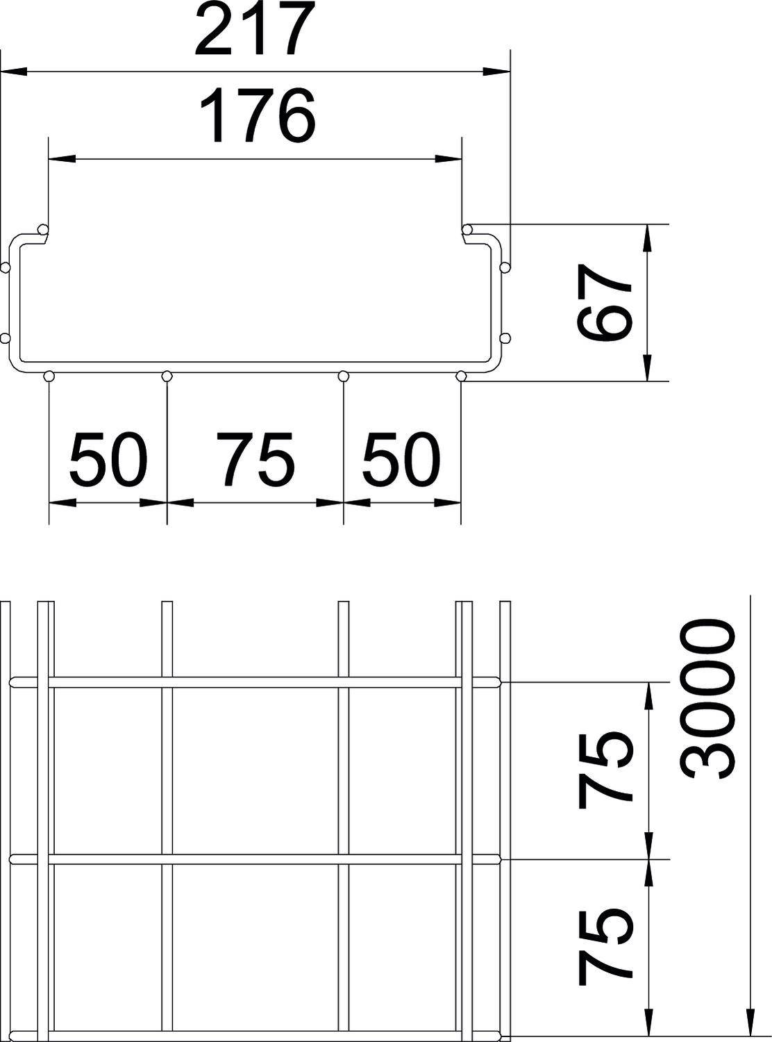 Rysunek techniczny prostokątnej belki z wymiarami: 217x67 mm, wymiar wewnętrzny 176 mm, odstępy 50 mm i 75 mm, długość 3000 mm.