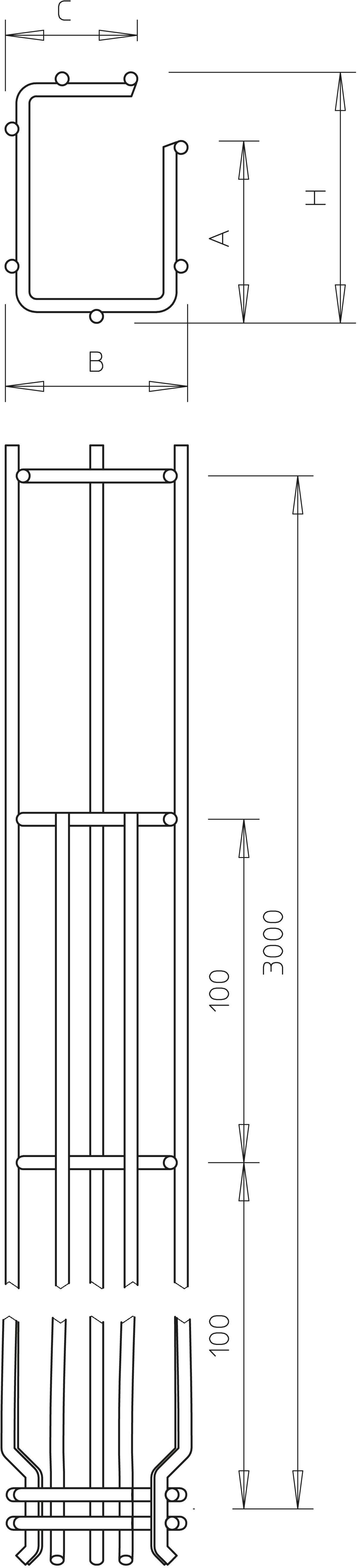 Rysunek techniczny profilu metalowego z wymiarami: szerokość 'B', wysokość 'H', długość '3000'. Dodatkowe informacje o sekcjach i połączeniach.