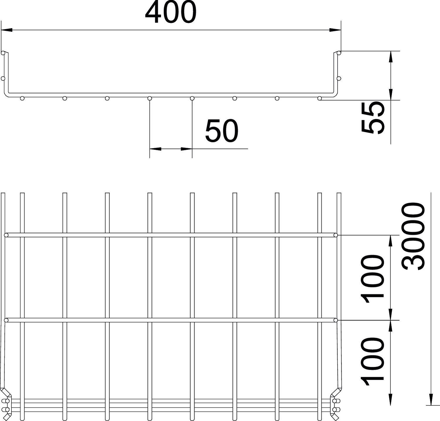 Rysunek techniczny metalowej kraty o wymiarach: szerokość 400 mm, wysokość 55 mm, słupki pionowe rozmieszczone co 50 mm.