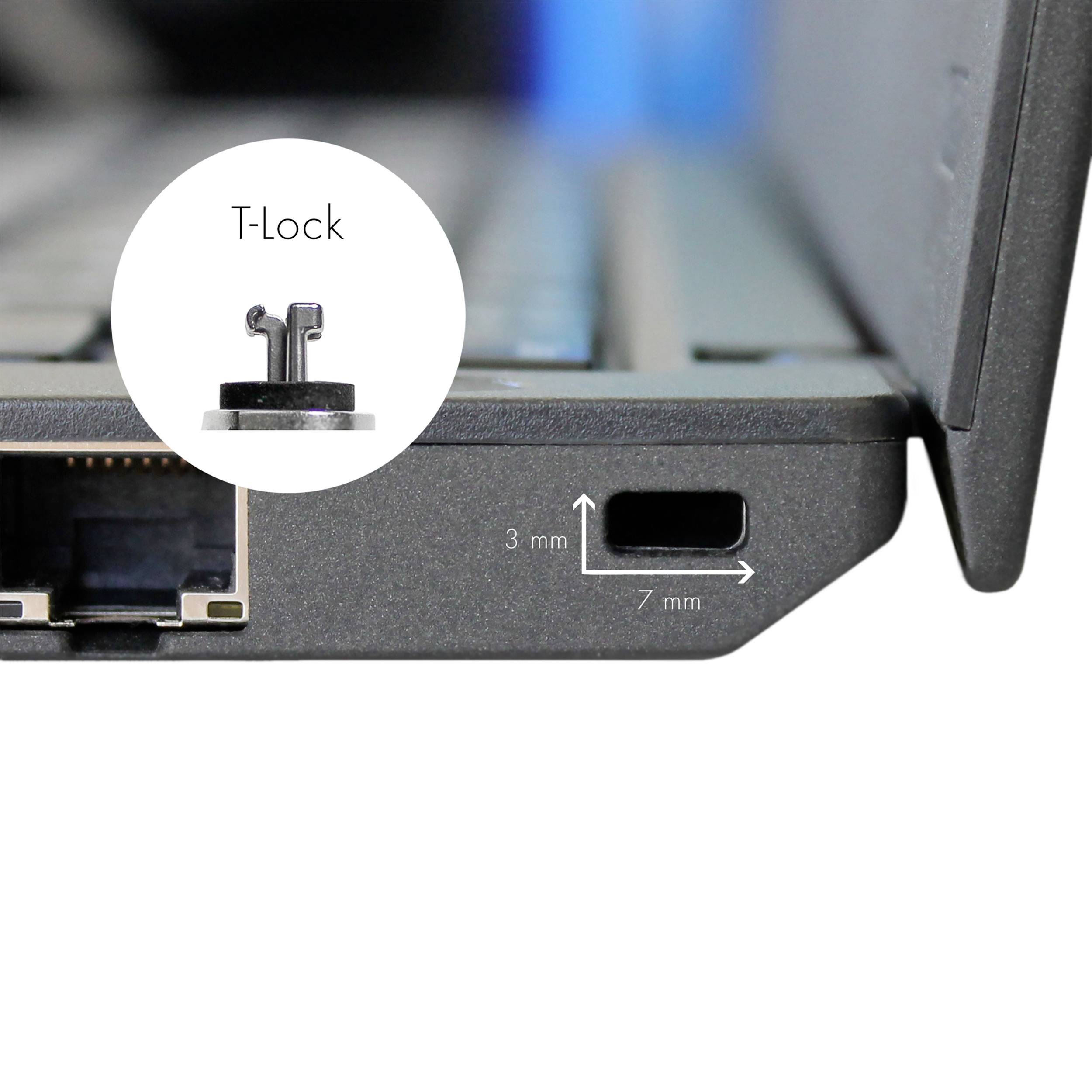 Zbliżenie krawędzi laptopa przedstawia złącze sieciowe, zamek Kensington T-Lock oraz wymiary blokady: 3 mm, 7 mm.