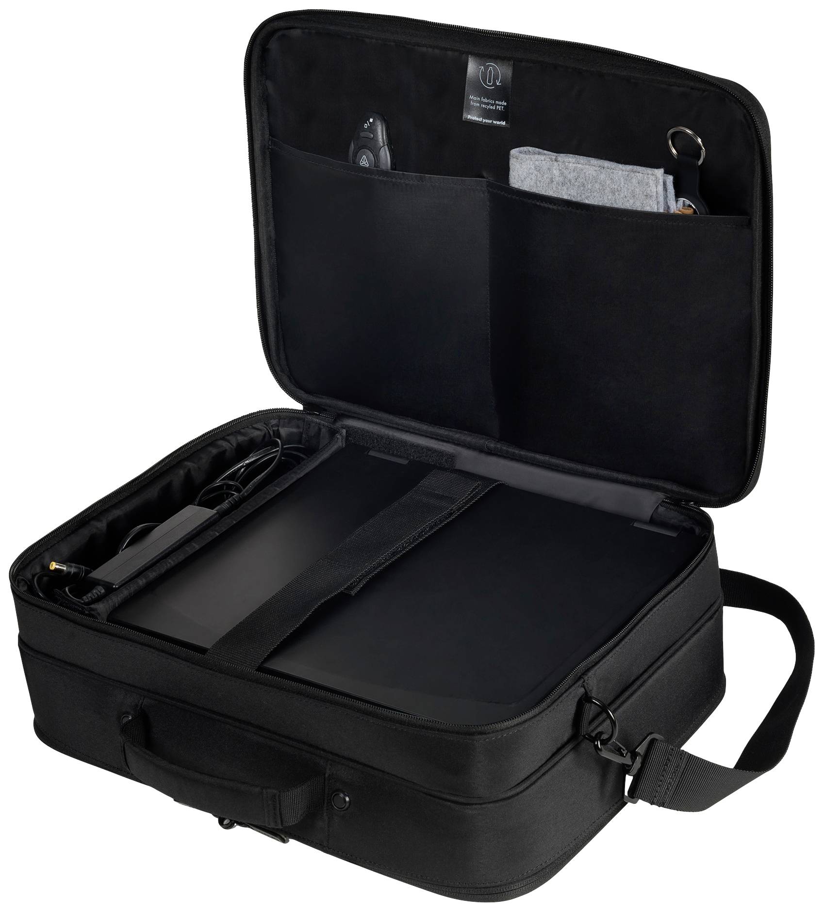 Otwarta czarna torba na laptopa prezentuje notebook, przewody i przegródki na akcesoria we wnętrzu. Posiada uchwyt do ręki oraz pasek na ramię.