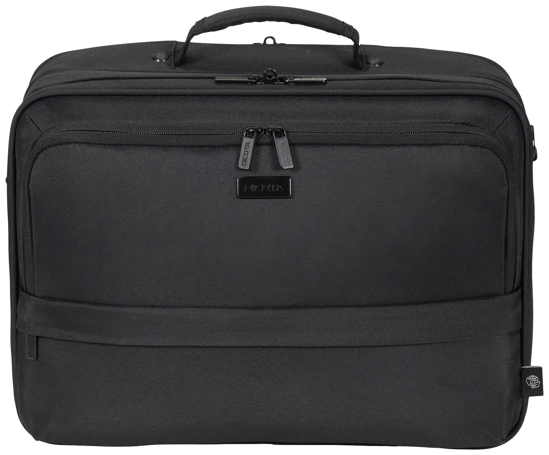 Czarna torba na laptopa z uchwytem, dwoma zamkami błyskawicznymi oraz dyskretnym logo pośrodku. Idealna do przewożenia sprzętu elektronicznego.