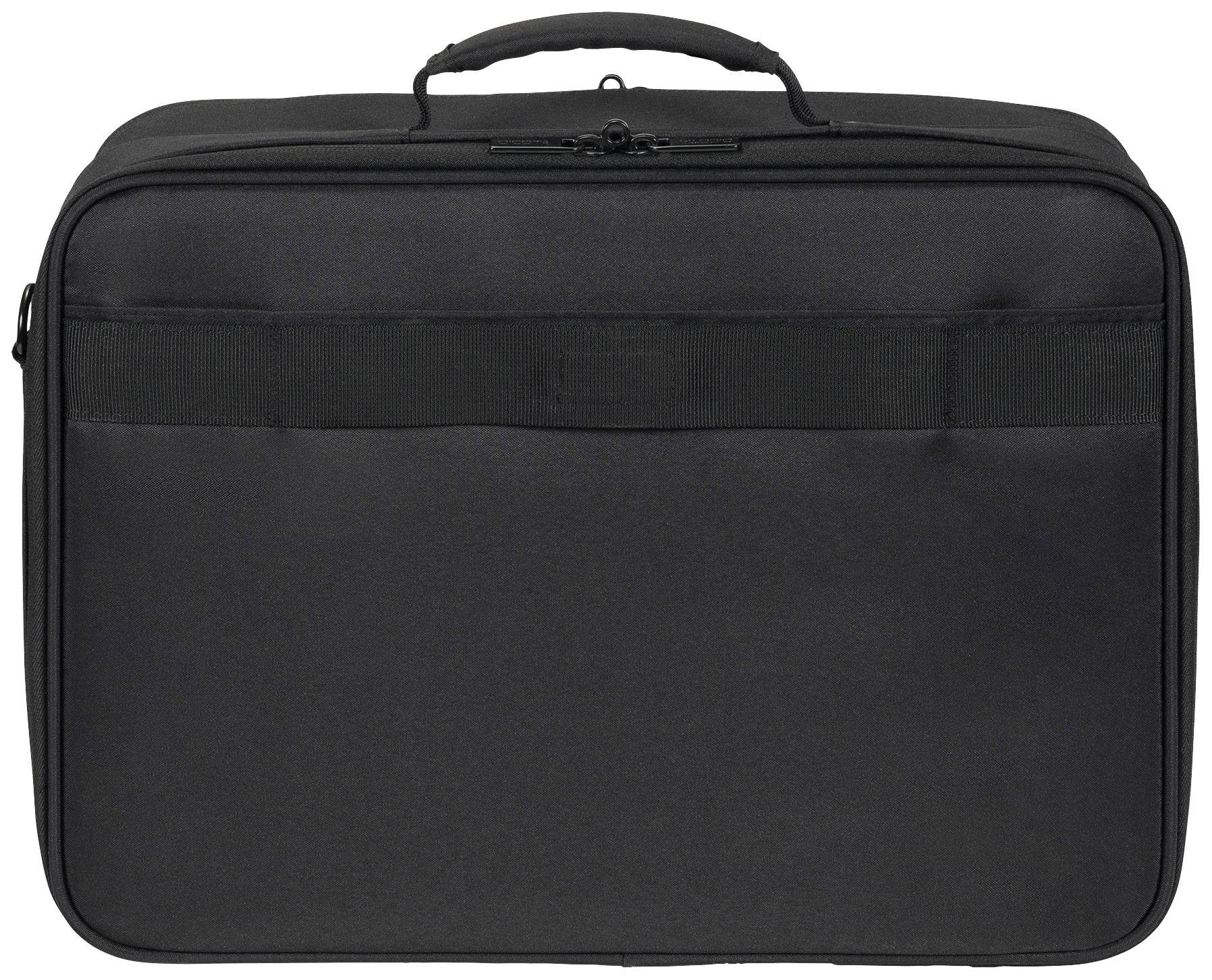 Czarny, prostokątny kufer z uchwytem, zamknięty.