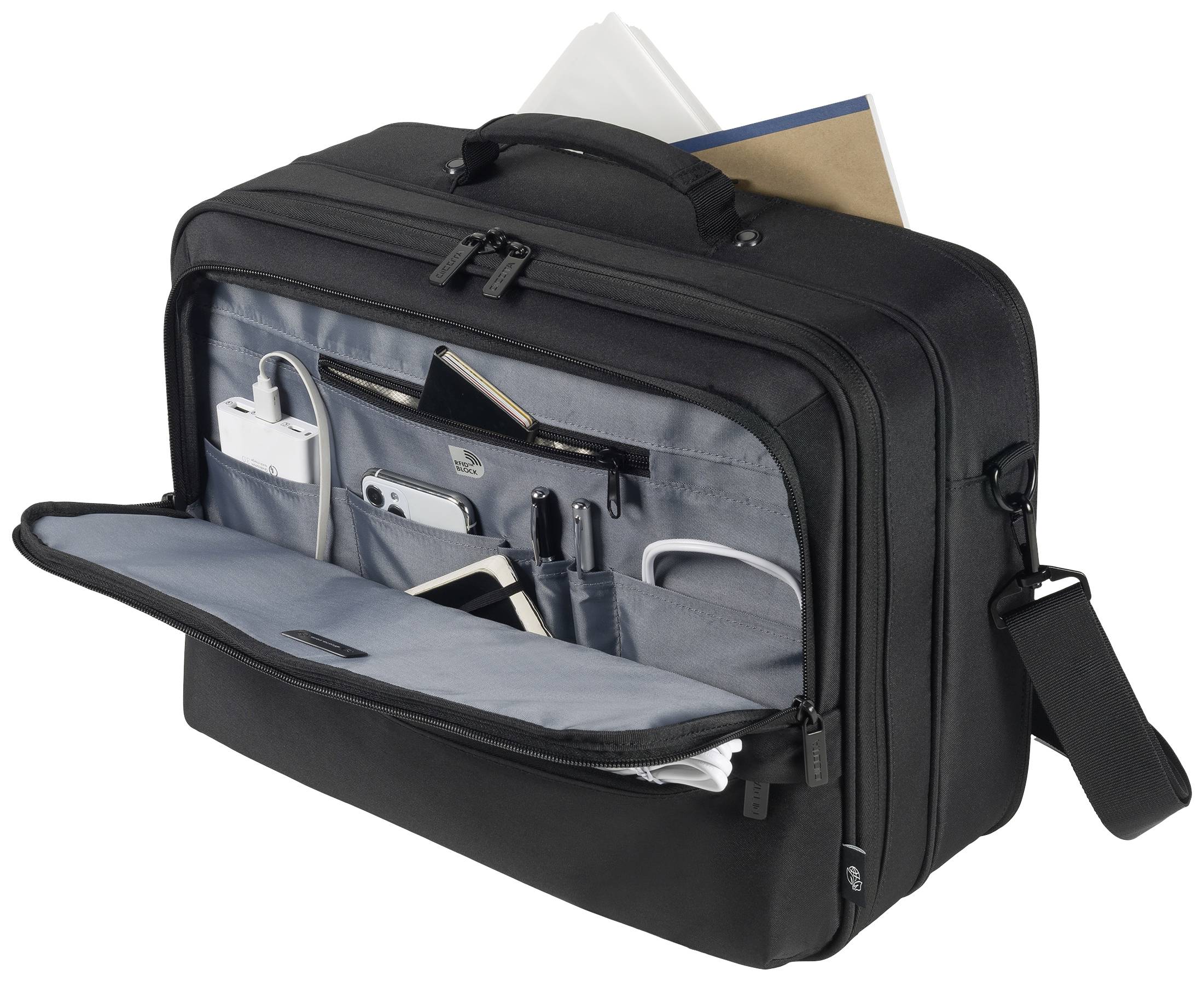 Czarna torba na laptopa jest otwarta, z przegródkami na telefon komórkowy, długopis i ładowarkę. Dokumenty wystają z góry.