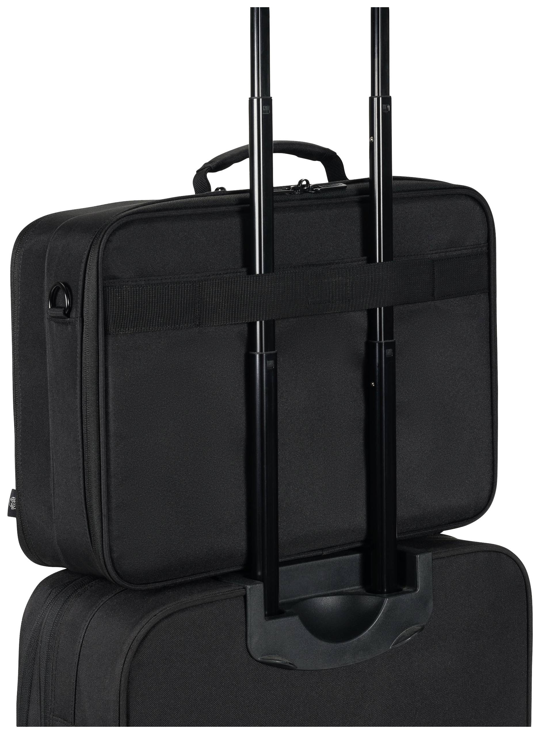 Czarna teczka z paskiem, który można nałożyć na uchwyt walizki na kółkach, prezentuje praktyczne rozwiązanie transportowe.