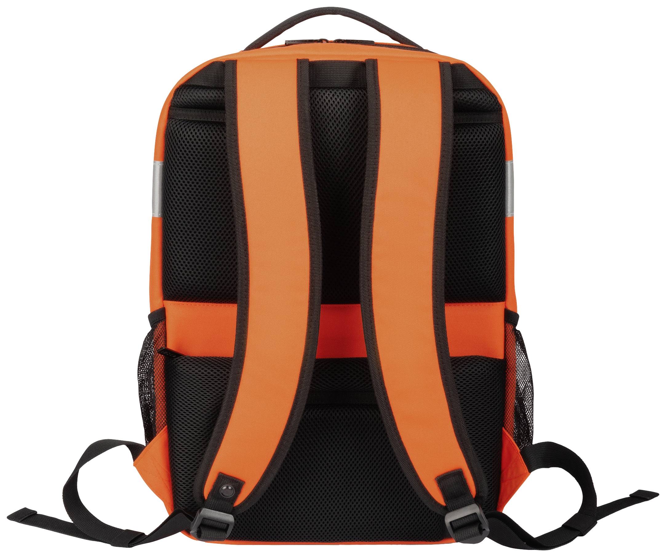 Pomarańczowy plecak z czarnymi paskami i kieszeniami bocznymi, widok od tyłu.