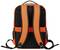 Pomarańczowy plecak z czarnymi paskami i kieszeniami bocznymi, widok od tyłu.