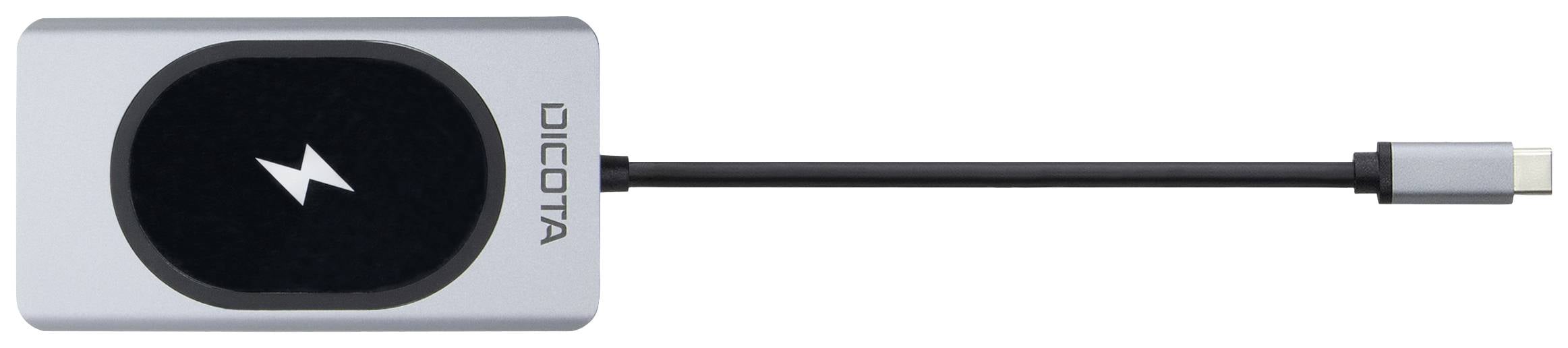 Bezprzewodowa ładowarka firmy DICOTA z krótkim kablem USB-C, odpowiednia do ładowania kompatybilnych urządzeń.