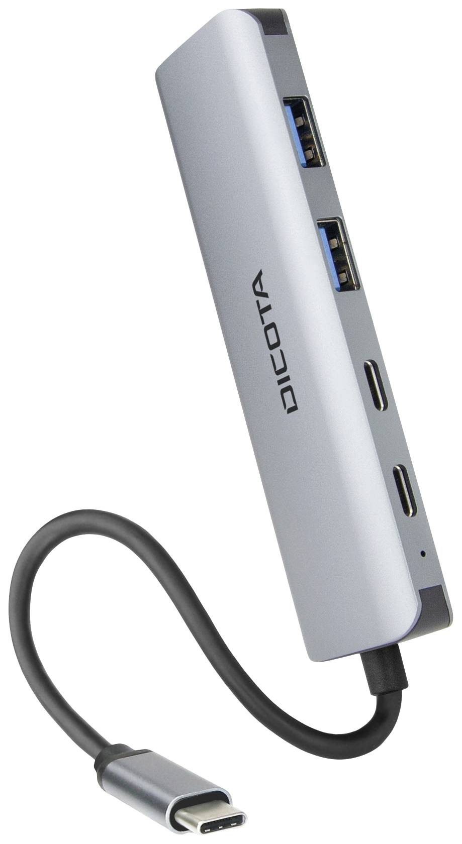 Srebrny hub USB-C z wieloma portami, w tym USB i HDMI.