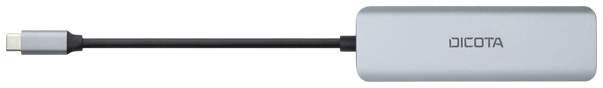Srebrny adapter USB-C z czarnym przewodem i logo 'Dicota' na przedniej stronie.