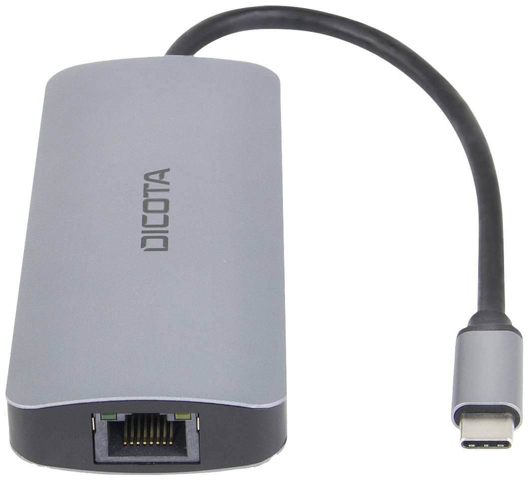 Szary adapter z gniazdem Ethernet i wtyczką USB-C, umożliwiający przewodowe połączenie sieciowe dla urządzeń z interfejsem USB-C.