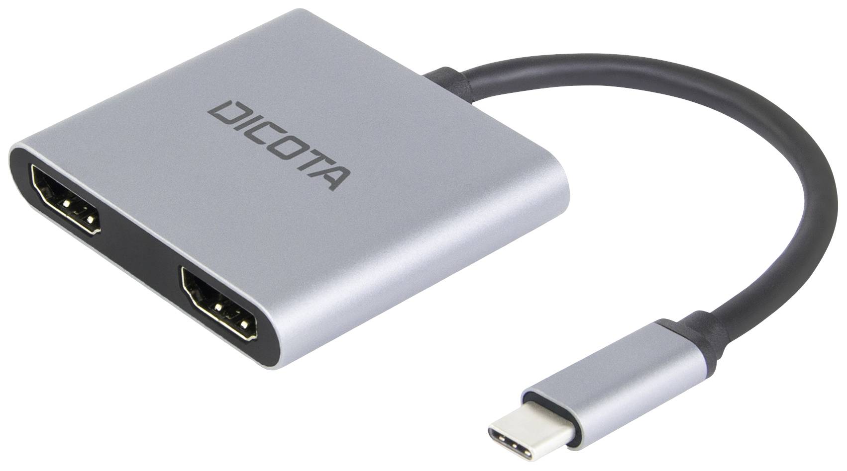 Srebrny adapter z dwoma złączami HDMI i wtykiem USB-C, służący do podłączania urządzeń z interfejsem USB-C do wyświetlaczy HDMI.