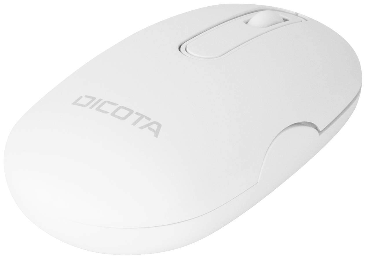 Biała mysz komputerowa z logo marki z boku, o prostym designie z kółkiem przewijania na górze.