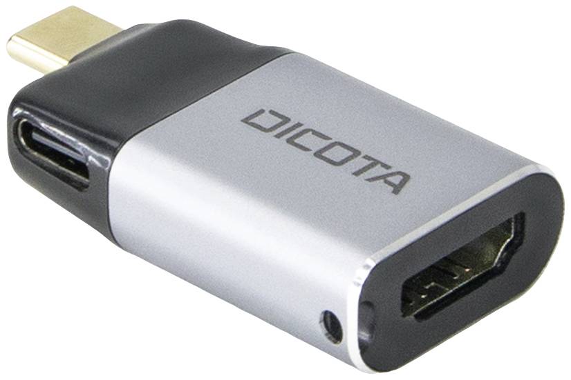 Srebrno-czarny adapter USB-C na HDMI z napisem 'DICOTA'.