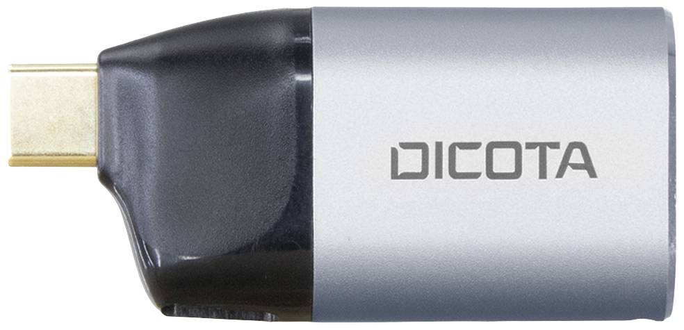 Adapter USB-C firmy Dicota, obudowa w kolorze czarno-srebrnym. Służy do podłączania urządzeń z interfejsem USB-C do innych złączy.
