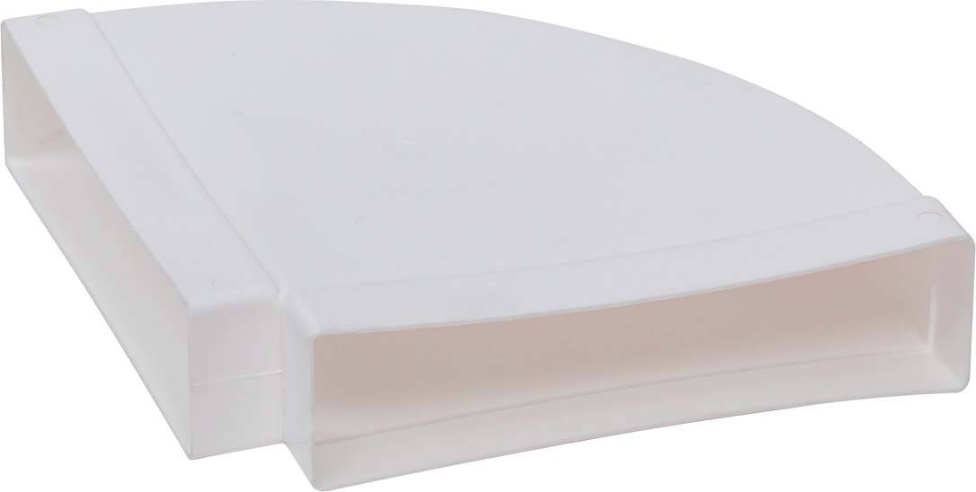 Biały, zakrzywiony przedmiot z tworzywa sztucznego z płaską podstawą i otwartą stroną. Prawdopodobnie pojemnik lub pokrywa.