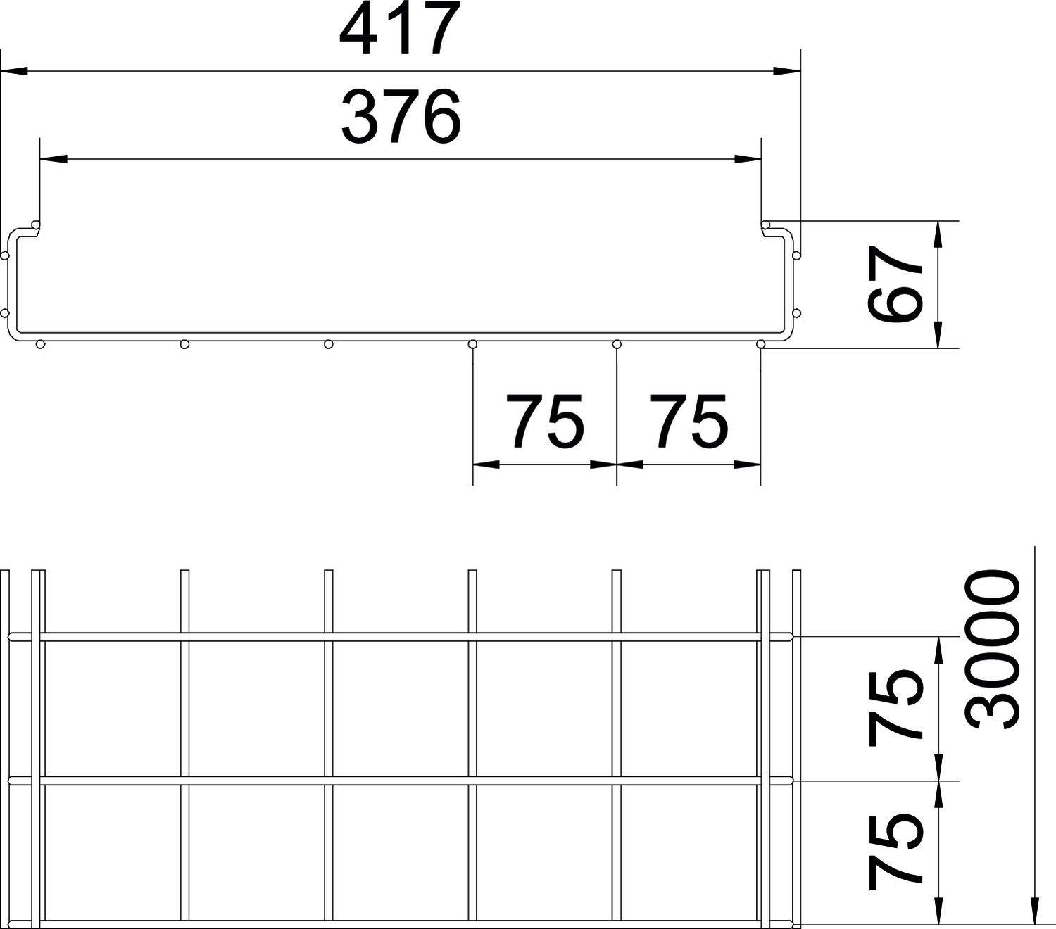 Rysunek techniczny prostokątnego elementu z wymiarami: szerokość 417 mm, wysokość 67 mm, długość 3000 mm. Przedstawia odstępy poprzecznych wsporników.
