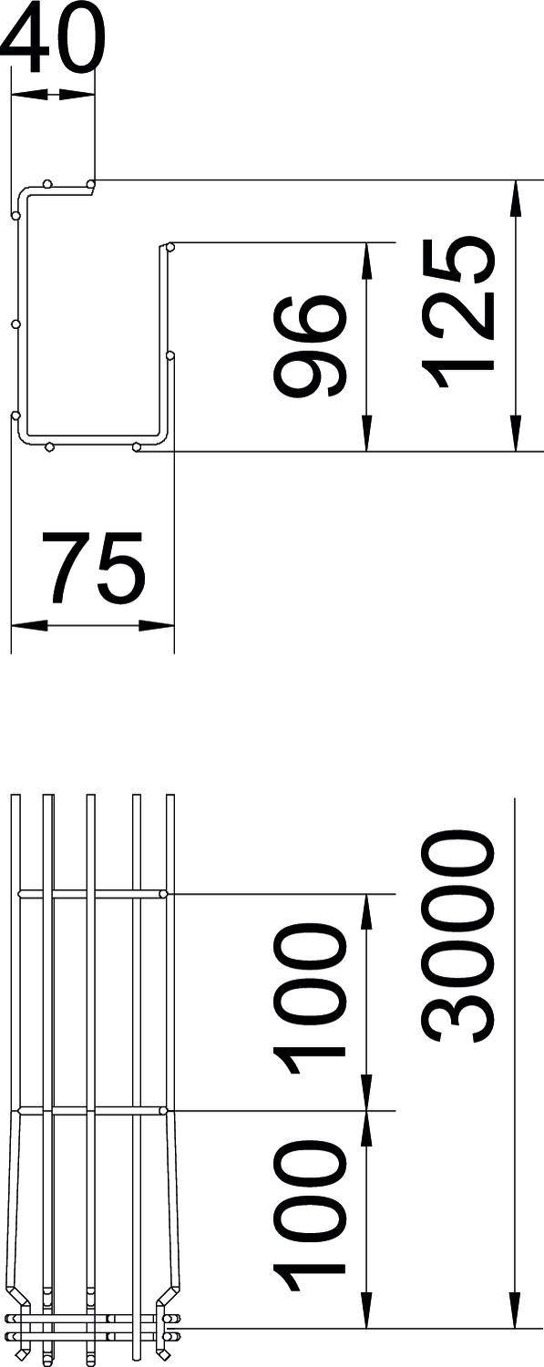 Rysunek techniczny prostokątnej rury z wymiarowaniem. Widok z boku przedstawia wymiary: przekrój 40x75 mm, długość 3000 mm.