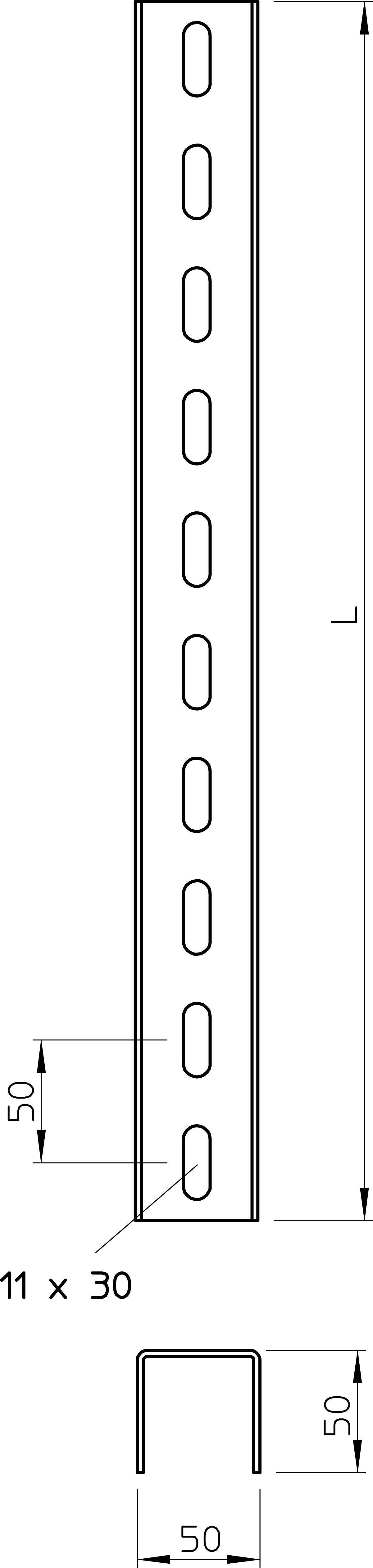 Rysunek techniczny profilu U, kształt L, z nacięciami w regularnych odstępach. Wymiary: 11 x 30 x 50 mm, długość L.