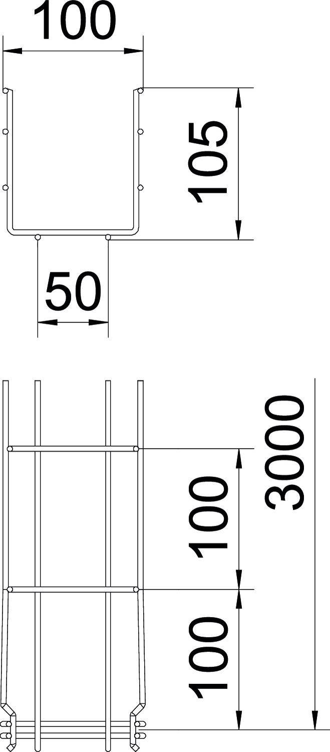Rysunek techniczny stalowej drabiny z wymiarami: szerokość 100 mm, wysokość 3000 mm, rozstaw szczebli 105 mm, rama 50 mm.