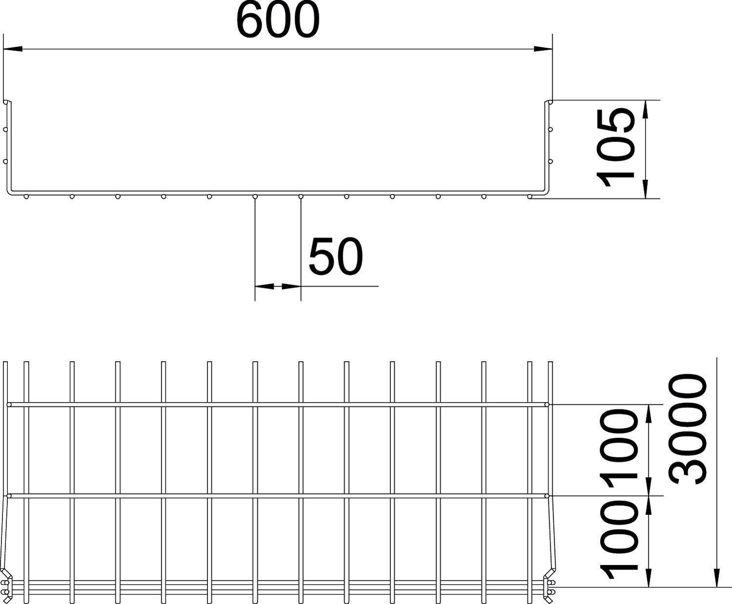 Rysunek techniczny prostokątnej kratki metalowej o wymiarach górnych 600 x 105 mm, dolnych 100 x 3000 mm, z prętami rozmieszczonymi w odległości 50 mm od siebie.
