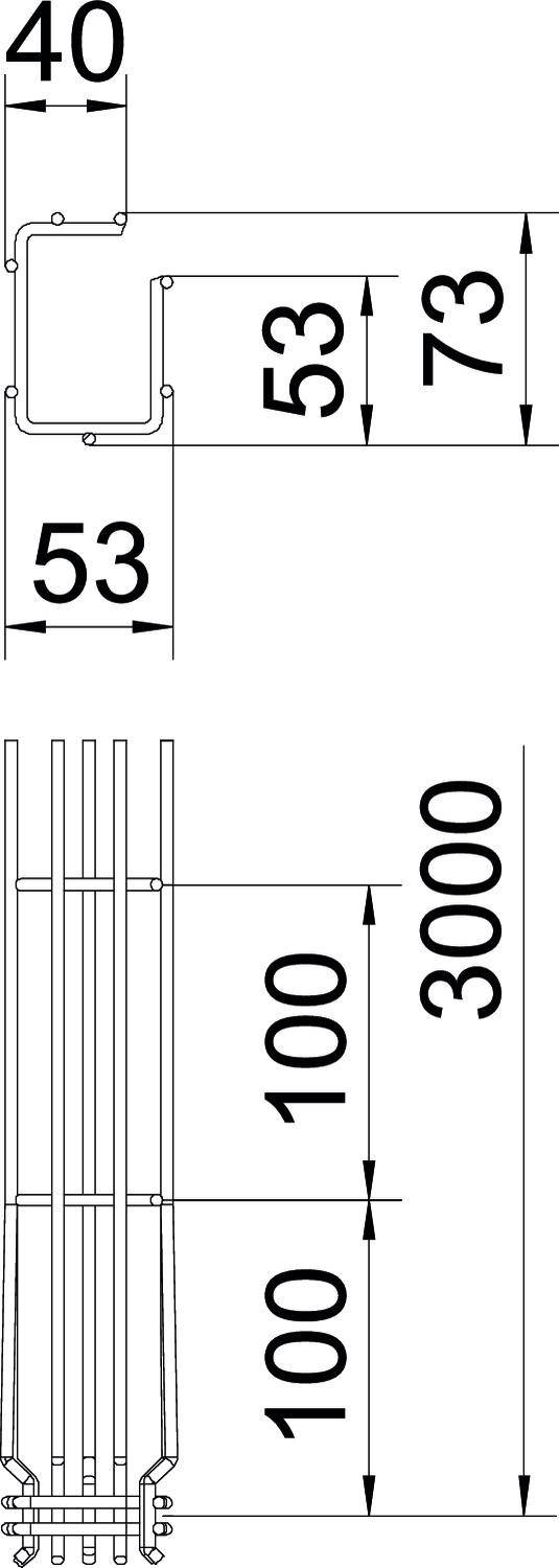 Rysunek techniczny profilu z wymiarami: przekrój 40x53 mm, długość 3000 mm. Oznaczenia co 100 mm.