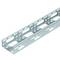 Szyna metalowa z otworami prostokątnymi i owalnymi, stosowana do podparcia konstrukcyjnego oraz mocowania przewodów w zastosowaniach technicznych.