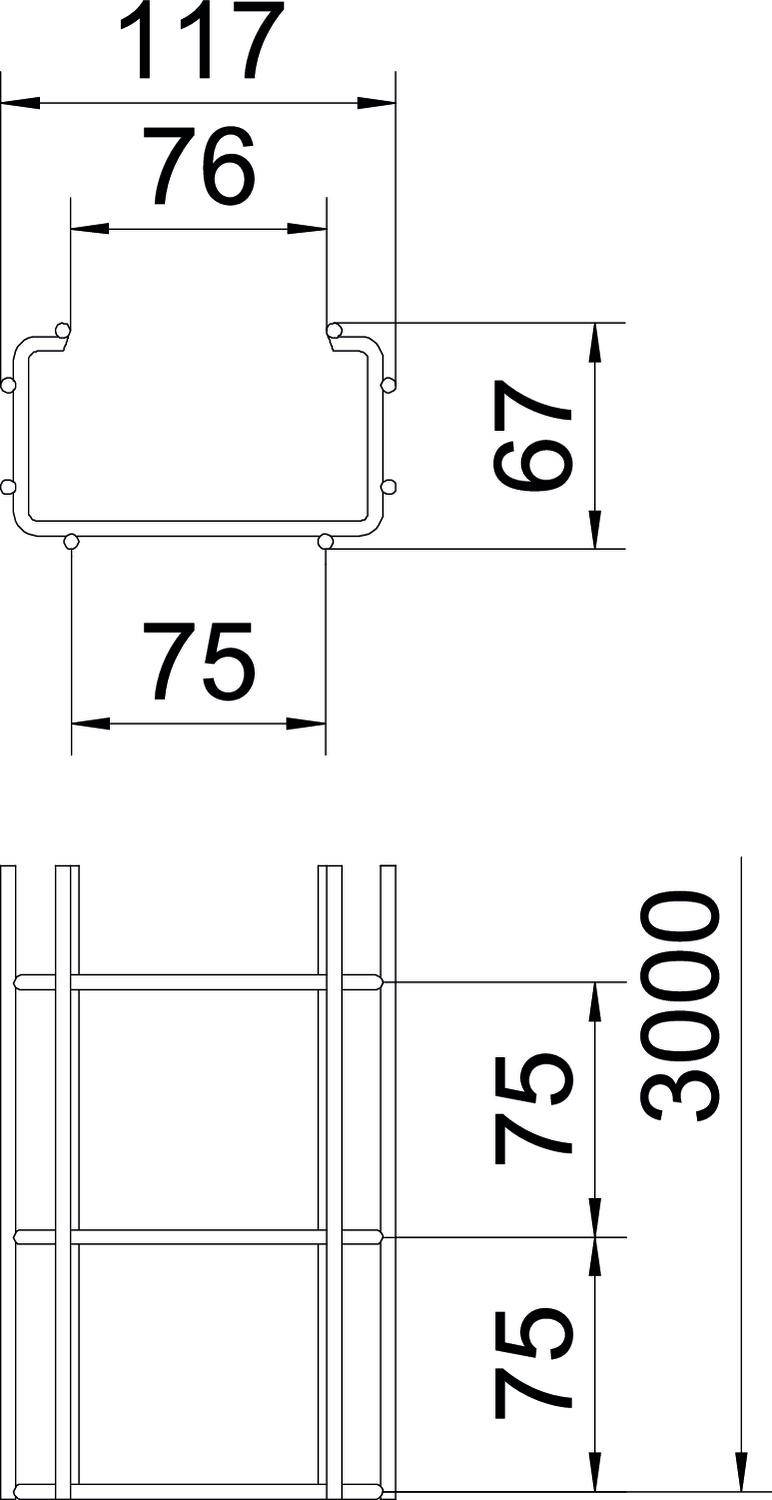 Rysunek techniczny prostokątnego profilu metalowego o wymiarach: szerokość 117 mm, wysokość 76 mm, wysokość sekcji 75 mm. Diagram poniżej przedstawia układ pionowy o wysokości 3000 mm.