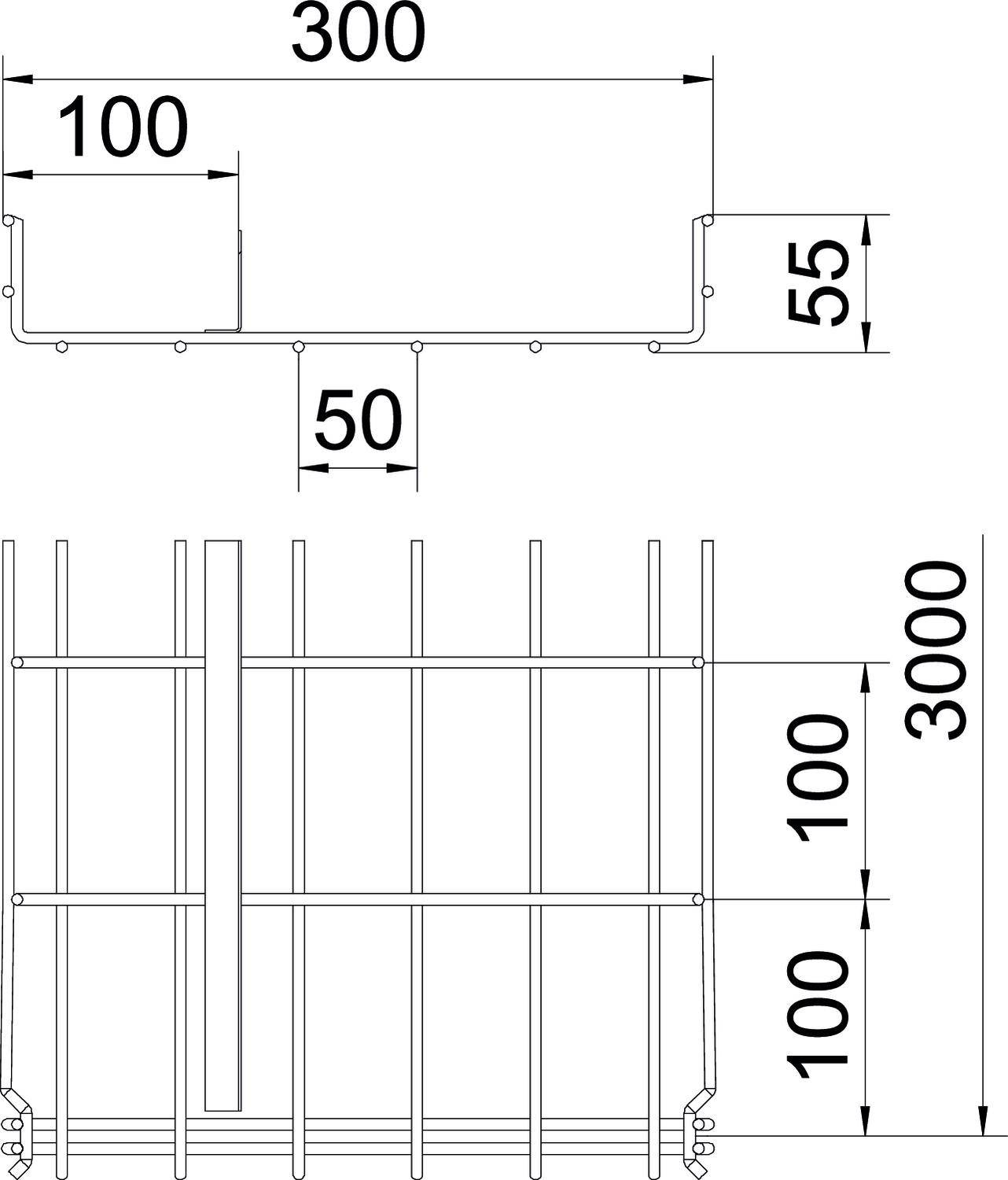 Rysunek techniczny metalowej kraty z wymiarami. Szerokość wynosi 300 mm, wysokość 3000 mm, ze stałymi odstępami 100 mm między prętami oraz głębokością 50 mm.