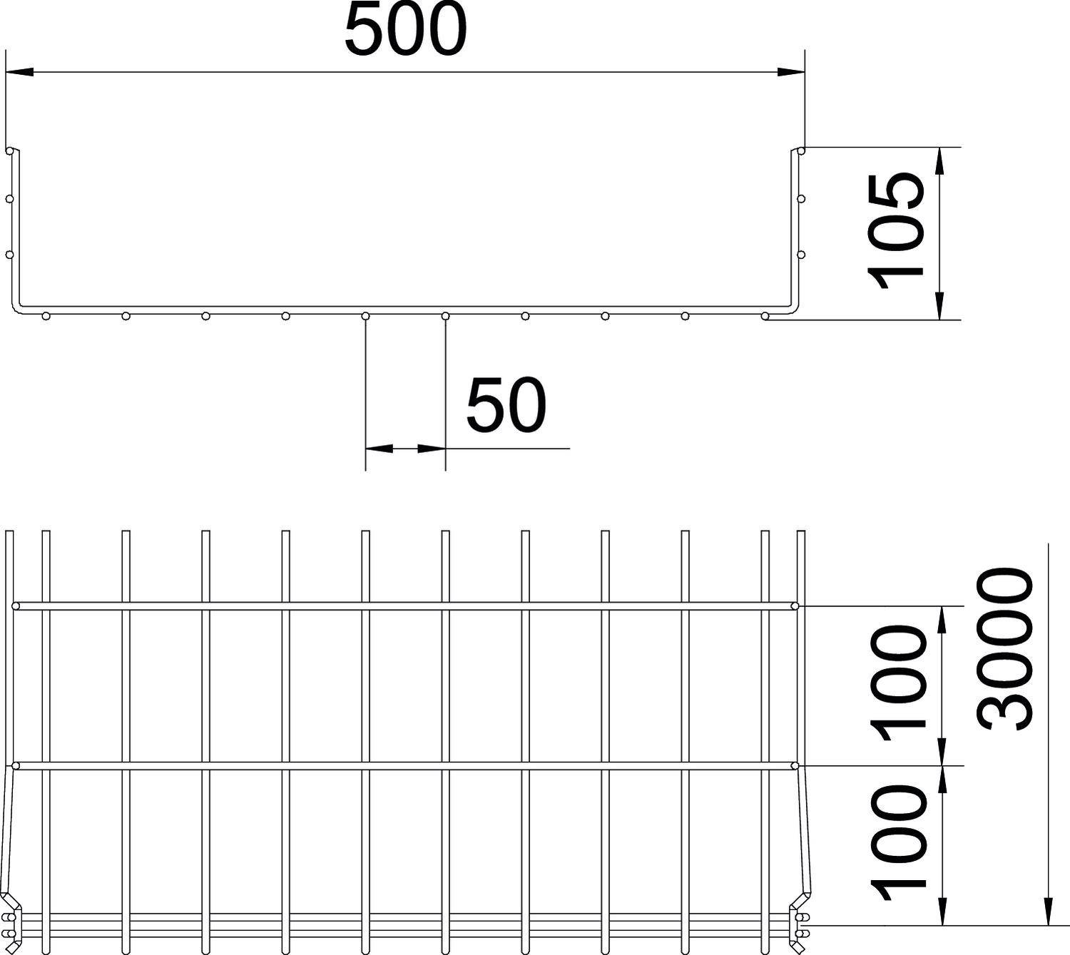 Rysunek techniczny ogrodzenia z wymiarami. Góra: długość pozioma 500 mm, wysokość 105 mm, rozstaw 50 mm. Dół: wysokość 3000 mm, rozstaw poprzeczek 100 mm.